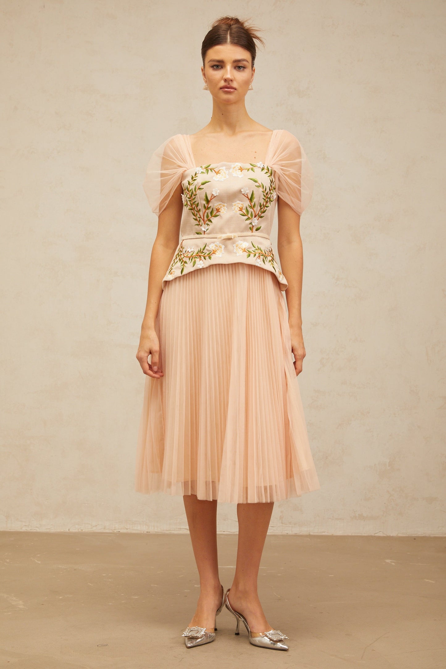 Anaëlle pink-beige flower-embroidery tulle midi dress