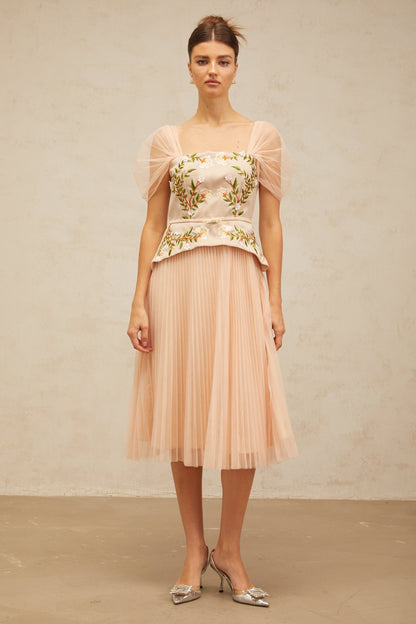 Anaëlle pink-beige flower-embroidery tulle midi dress