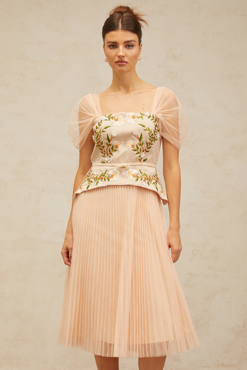 Anaëlle pink-beige flower-embroidery tulle midi dress