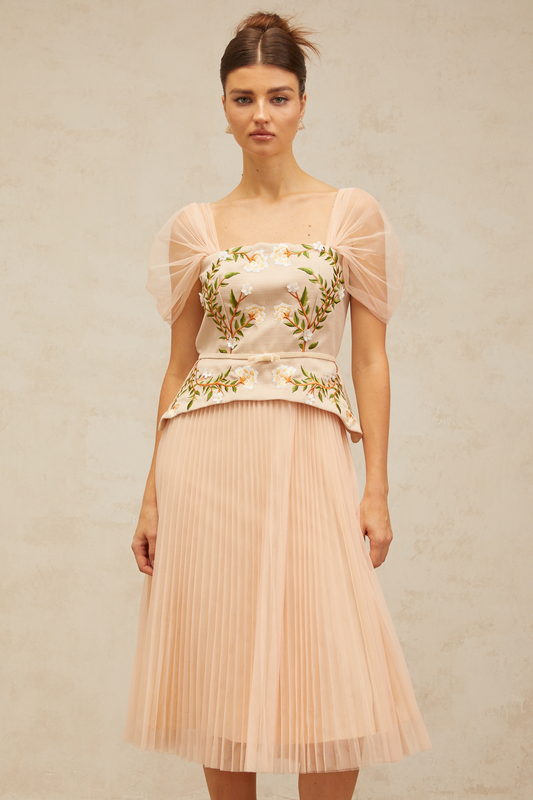 Anaëlle pink-beige flower-embroidery tulle midi dress