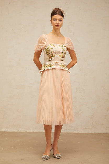 Anaëlle pink-beige flower-embroidery tulle midi dress