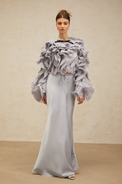 Zelda haze-blue bowknot ruffled blouse & skirt matching set