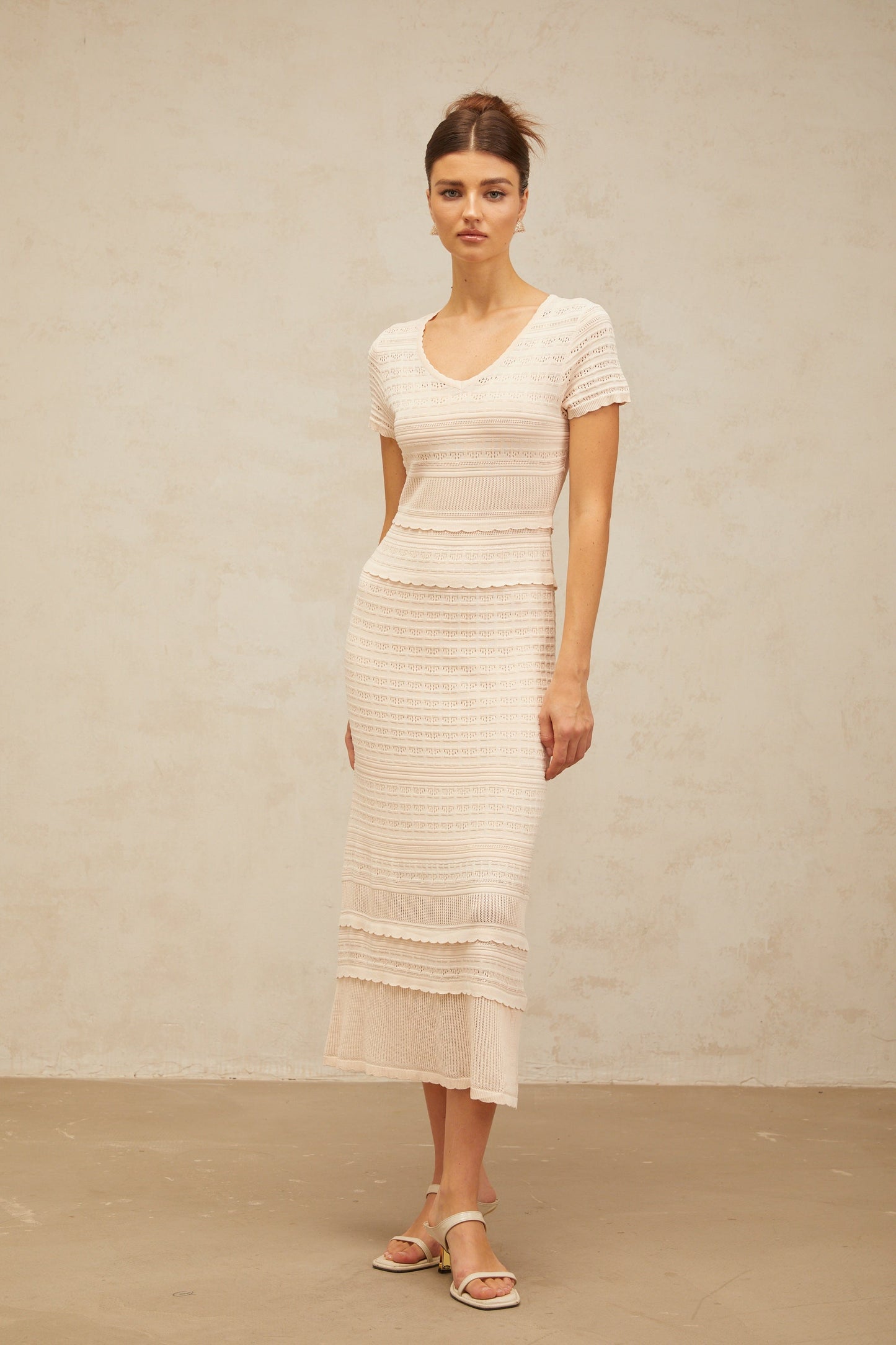 Sophie neutrals ruffled-trim crochet-knit midi dress