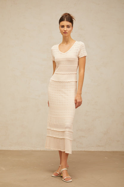 Sophie neutrals ruffled-trim crochet-knit midi dress