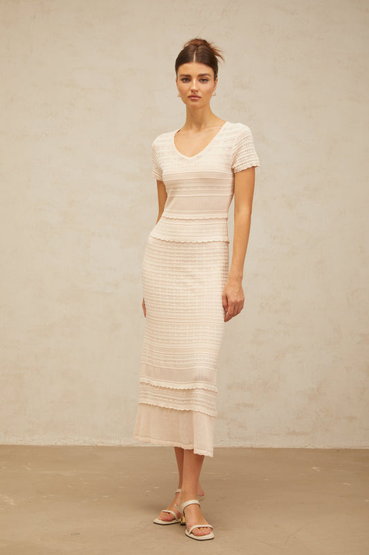 Sophie neutrals ruffled-trim crochet-knit midi dress