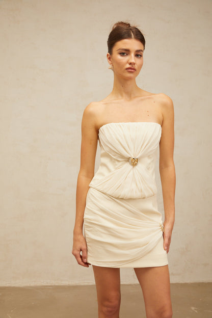 Énora off-white embellished ruched top & skirt matching set