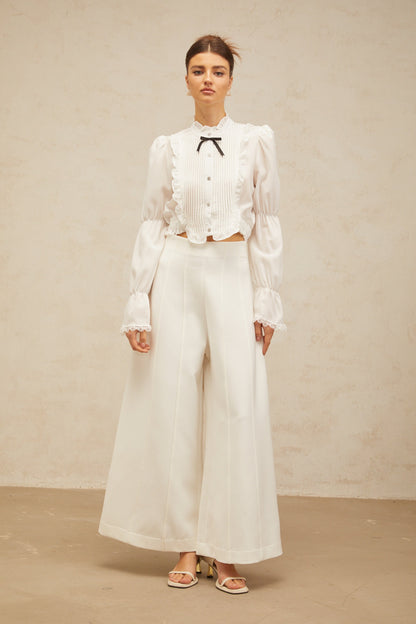 Paulette white bowknot shirred-panel ruffled shirt