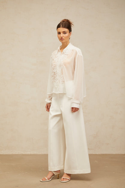Nadine white flower-embroidery lace-panel shirt