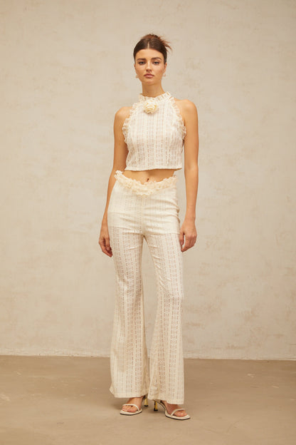 Magali cream-white ruffled-lace-trim jacquard top & trousers matching set