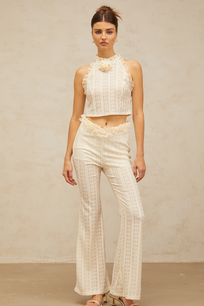 Magali cream-white ruffled-lace-trim jacquard top & trousers matching set