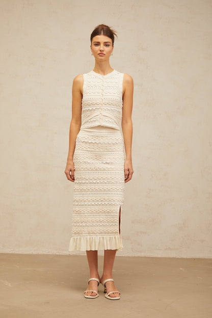 Giada white flower knit top & skirt matching set