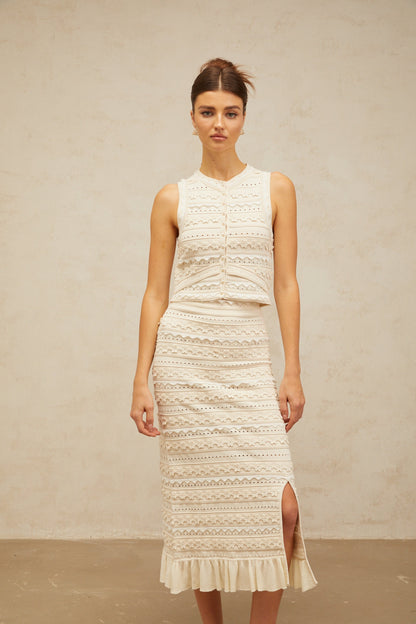 Giada white flower knit top & skirt matching set