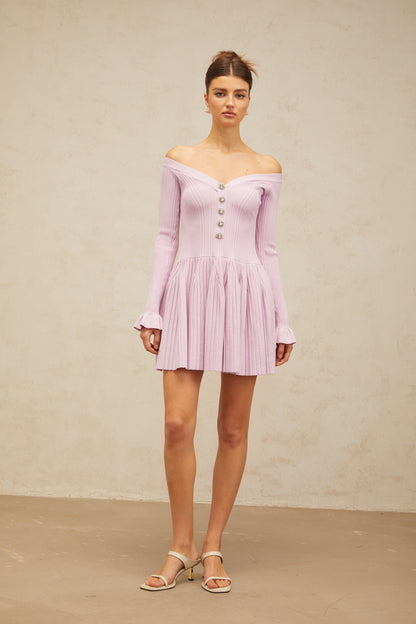 Lyna light-purple off-shoulder ribbed-knit mini dress