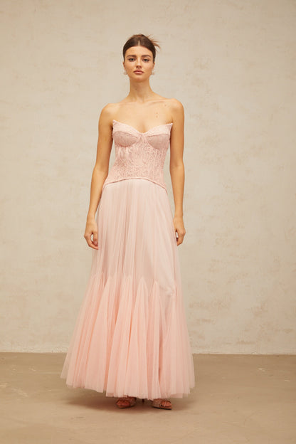 Ulrique pink lace corset tulle maxi dress