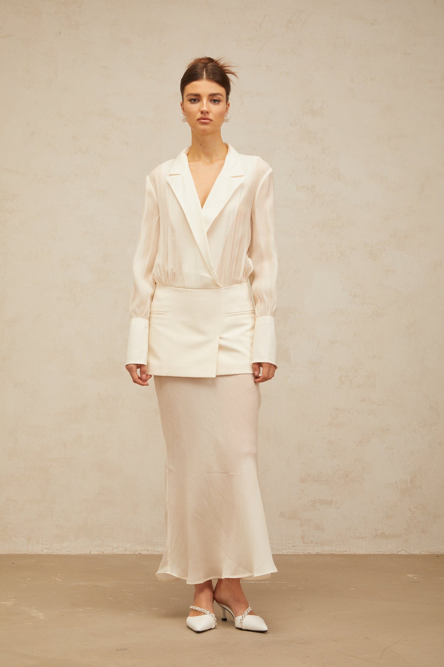Gisèle white panelled semi-sheer maxi dress