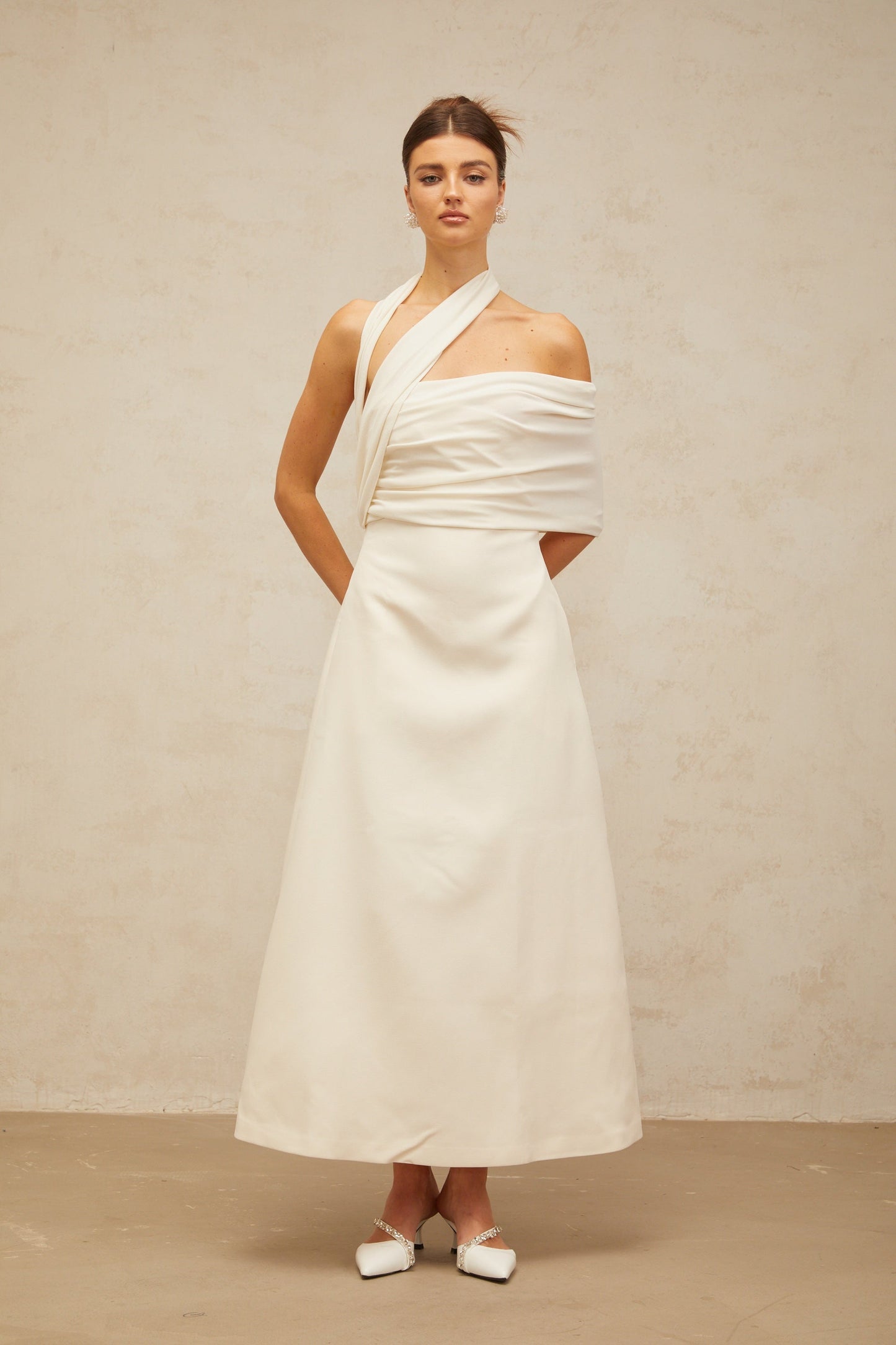Solène cream-white asymmetric midi dress