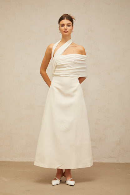 Solène cream-white asymmetric midi dress