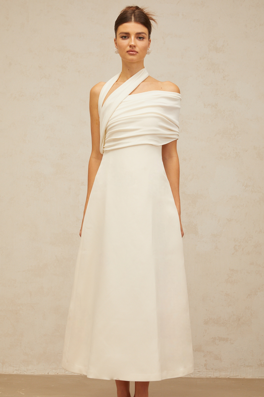 Solène cream-white asymmetric midi dress