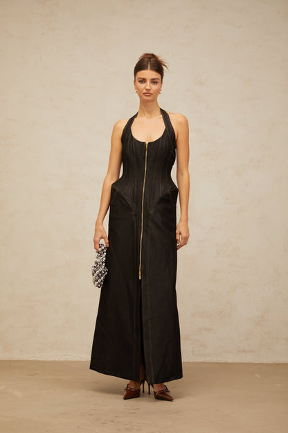 Adrienne black denim front-slit contrast-stitching maxi dress