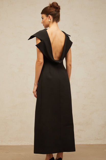 Léonore black deconstructed open-back midi dress
