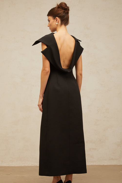 Léonore black deconstructed open-back midi dress