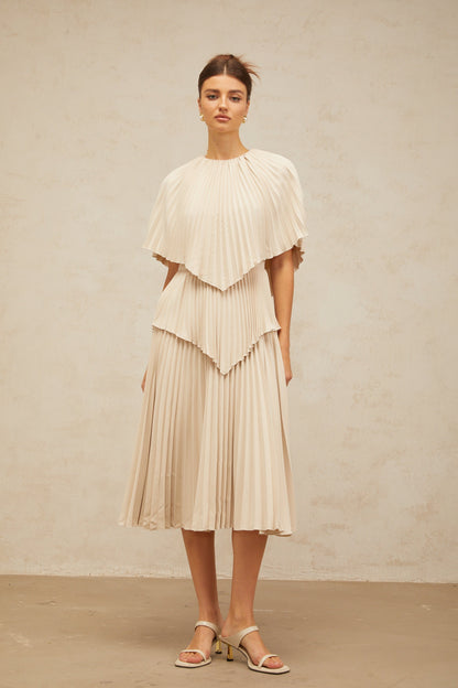 Héloïse neutrals cape pleated midi dress