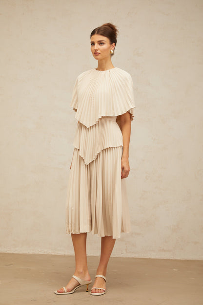 Héloïse neutrals cape pleated midi dress