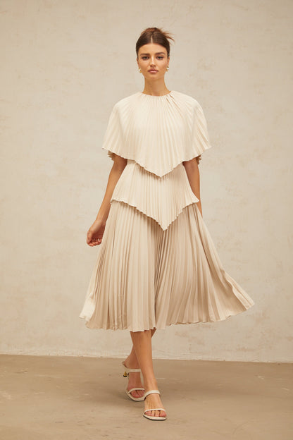 Héloïse neutrals cape pleated midi dress