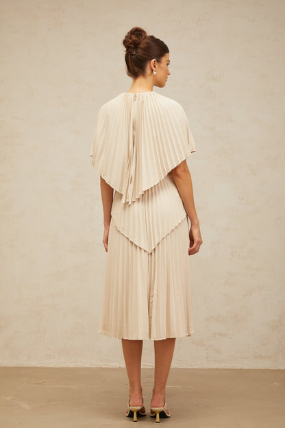 Héloïse neutrals cape pleated midi dress