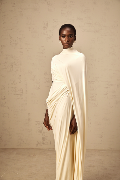 Priscille asymmetrical draped cape & dress matching set in White