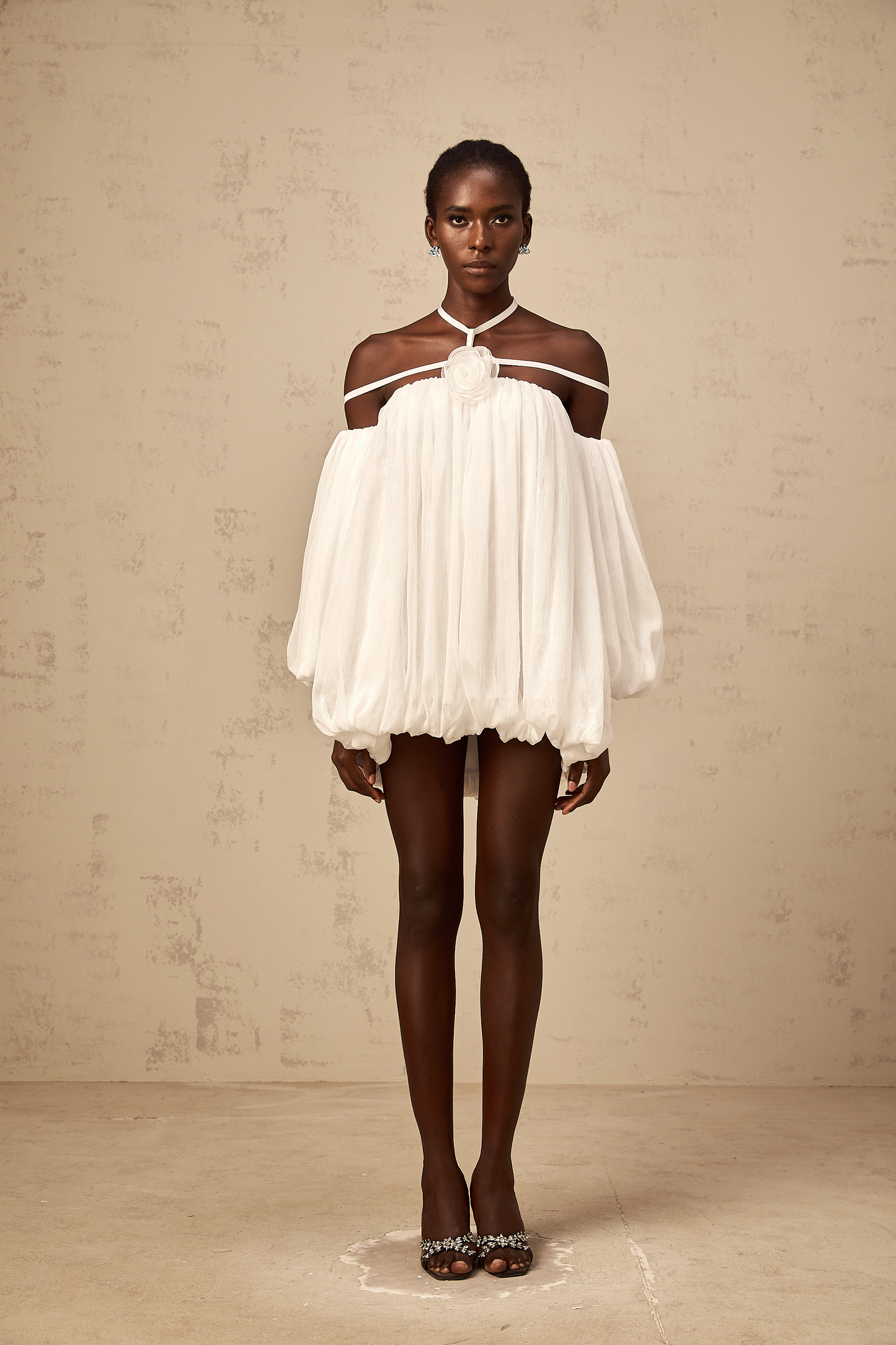 Hortense white floral-appliqué pleated tulle mini dress
