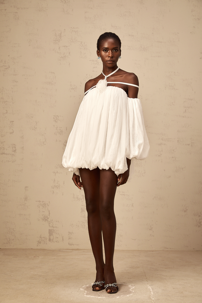 Hortense white floral-appliqué pleated tulle mini dress