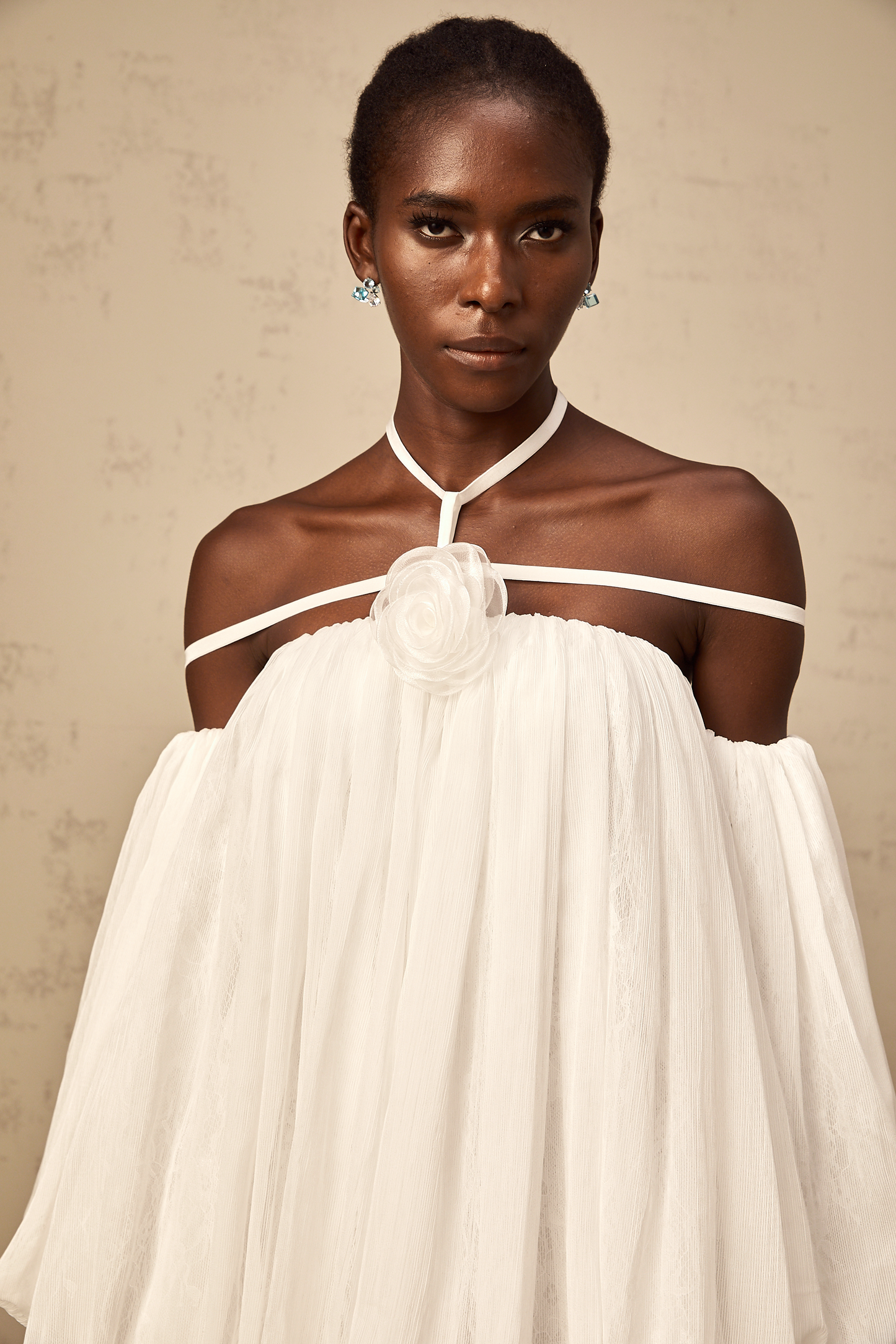 Hortense white floral-appliqué pleated tulle mini dress