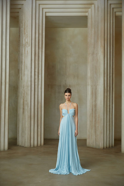 Andréa Blue Pleated Maxi Dress with Cutout Detail