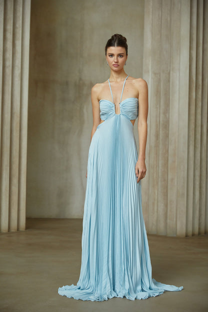Andréa Blue Pleated Maxi Dress with Cutout Detail
