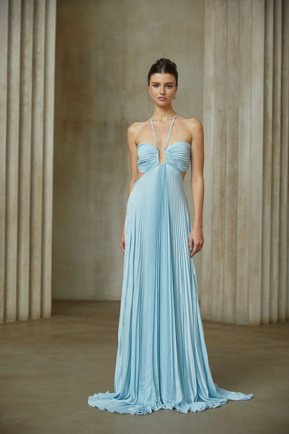 Andréa Blue Pleated Maxi Dress with Cutout Detail