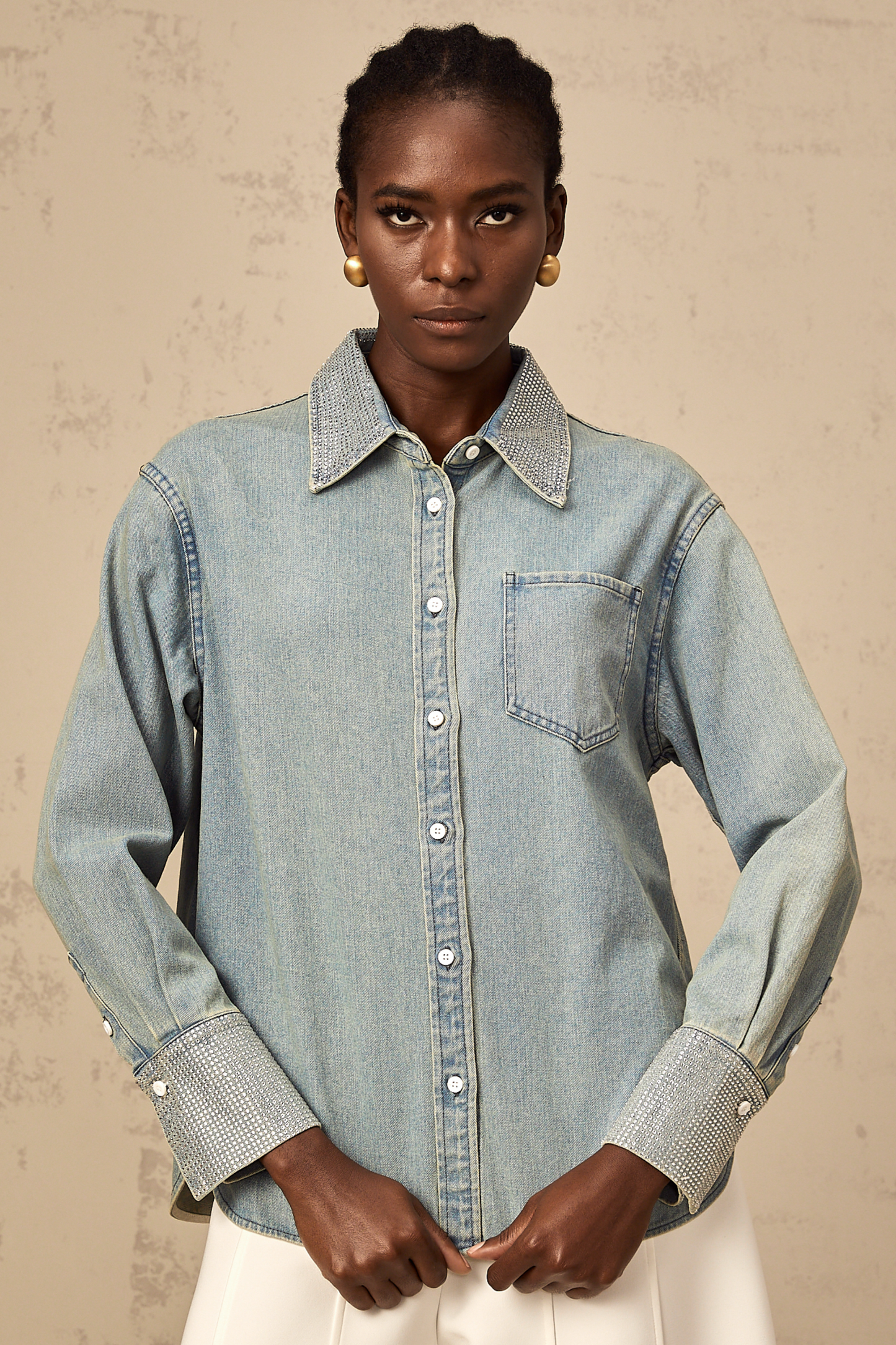 Flavie blue rhinestone-embellished denim shirt