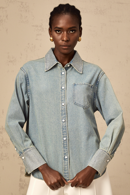 Flavie blue rhinestone-embellished denim shirt
