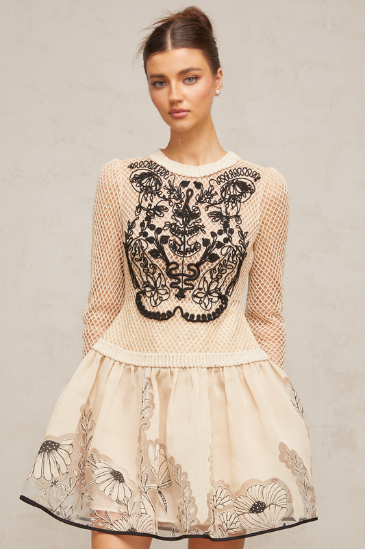 Wilhelmine contrast-color floral-appliqué jacquard mini dress