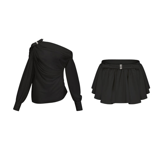 Andrea asymmetric tulle blouse & skirt matching set in Black