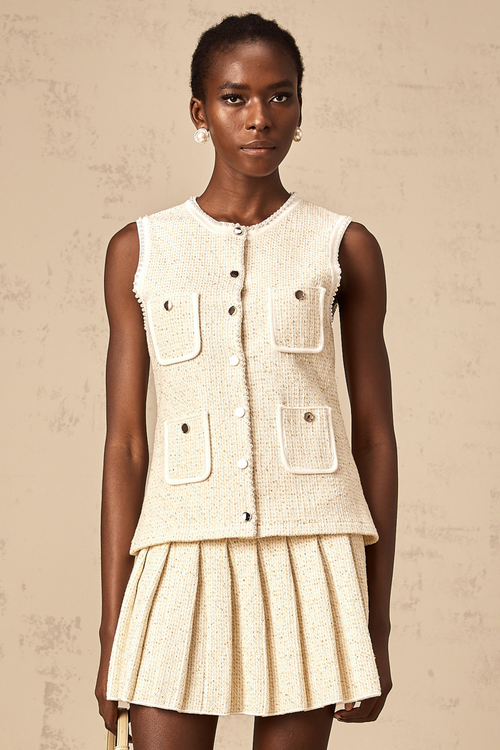 Hélène beige sequined knit vest top & skirt matching set
