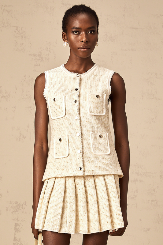 Hélène beige sequined knit vest top & skirt matching set