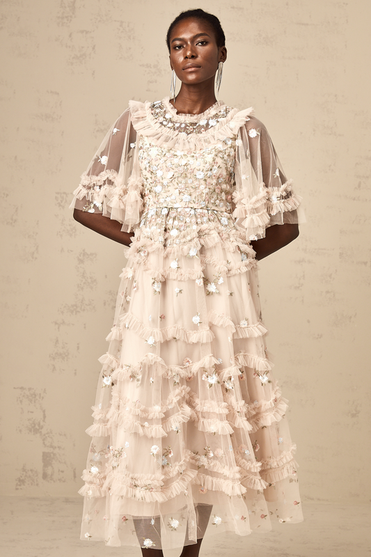 Kévina floral-embroidery tiered ruffled midi dress