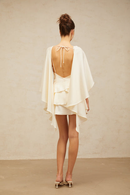 Lyna white shawl-panel ruffled satin mini dress