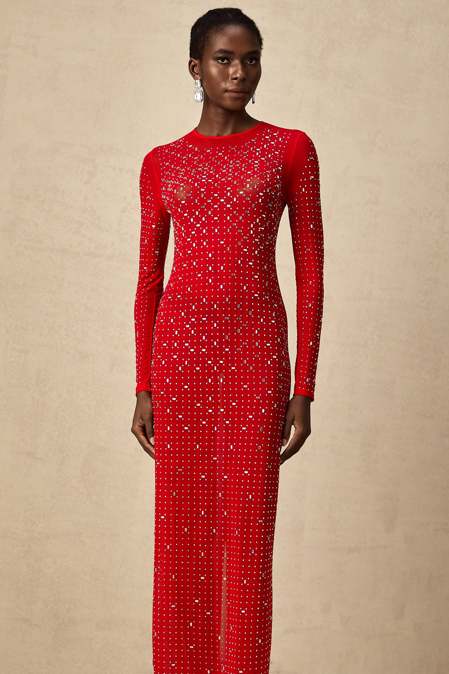 Ghislaine red rhinestone tulle maxi dress (US Only)