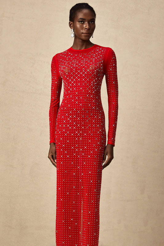 Ghislaine red rhinestone tulle maxi dress (US Only)