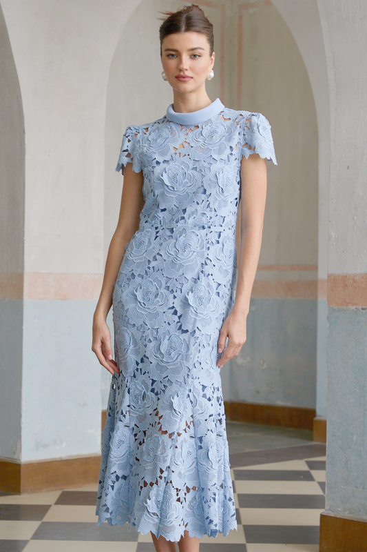 Aurore blue floral-appliqué lace midi dress