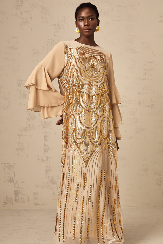 Noemi ruffle-sleeved sequined tulle maxi dress