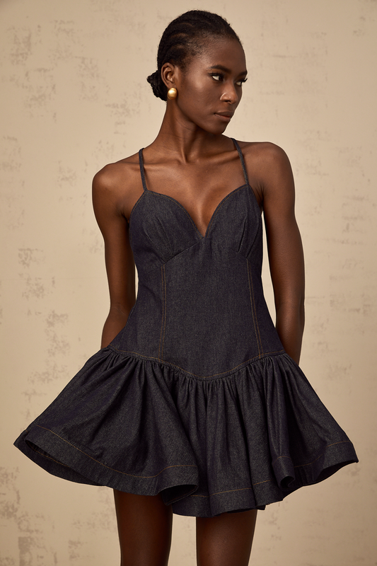 Geneviève dark-blue flounce denim mini dress