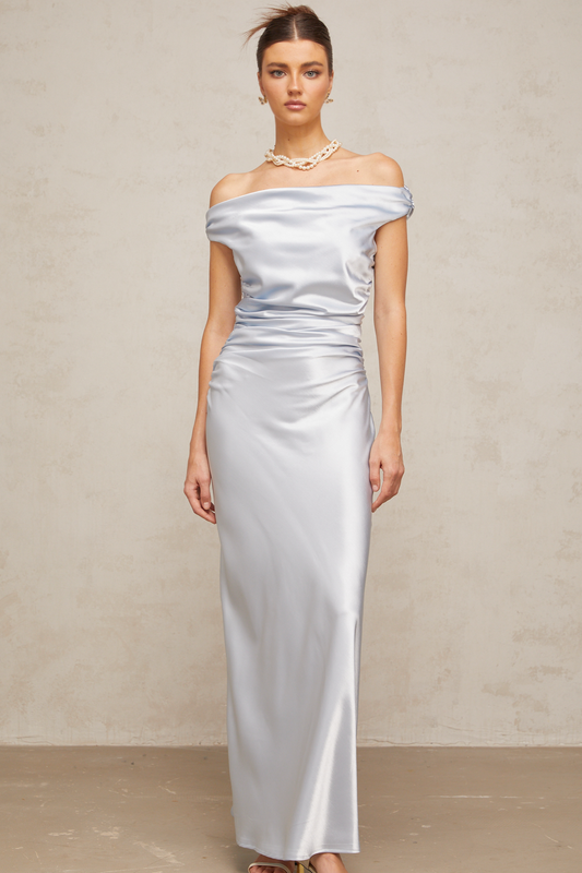 Amanda blue off-shoulder ruched satin maxi dress